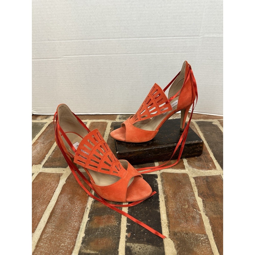 Benincasa Orange‎ Leather Sandals Ankle Tie High Heel Open Toe Shoes Women's 8